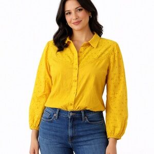 Canyon Retreat Women's Yellow Eyelet Button Up Blouse with Stretch Size XS